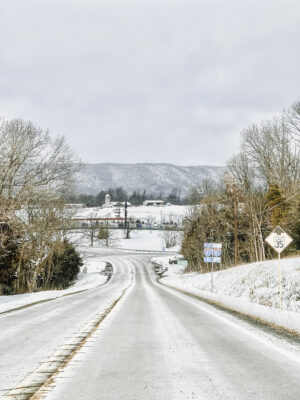 Snow-covered country road lined with trees in the Shenandoah Valley on a peaceful winter day